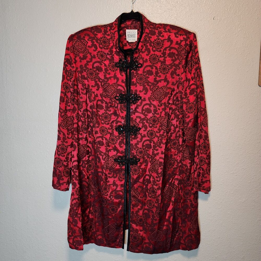 Vintage 90s R&M Richards Karen Kwong Red Black Brocade Frog Closure Jacket 18WP